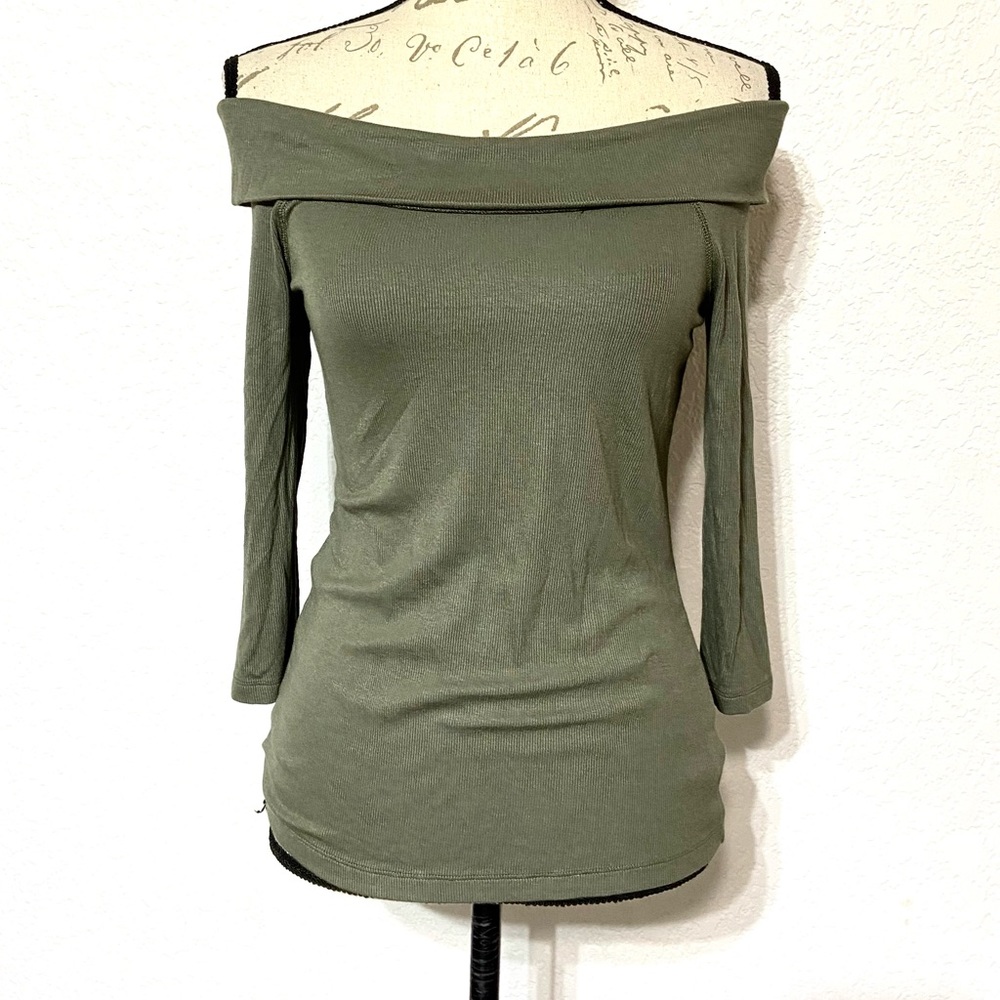 NWT ANTHROPOLOGIE SATURDAY SUNDAY OFF SHOULDER RIBBED 3/4 SLEEVE RAYON TOP XS
